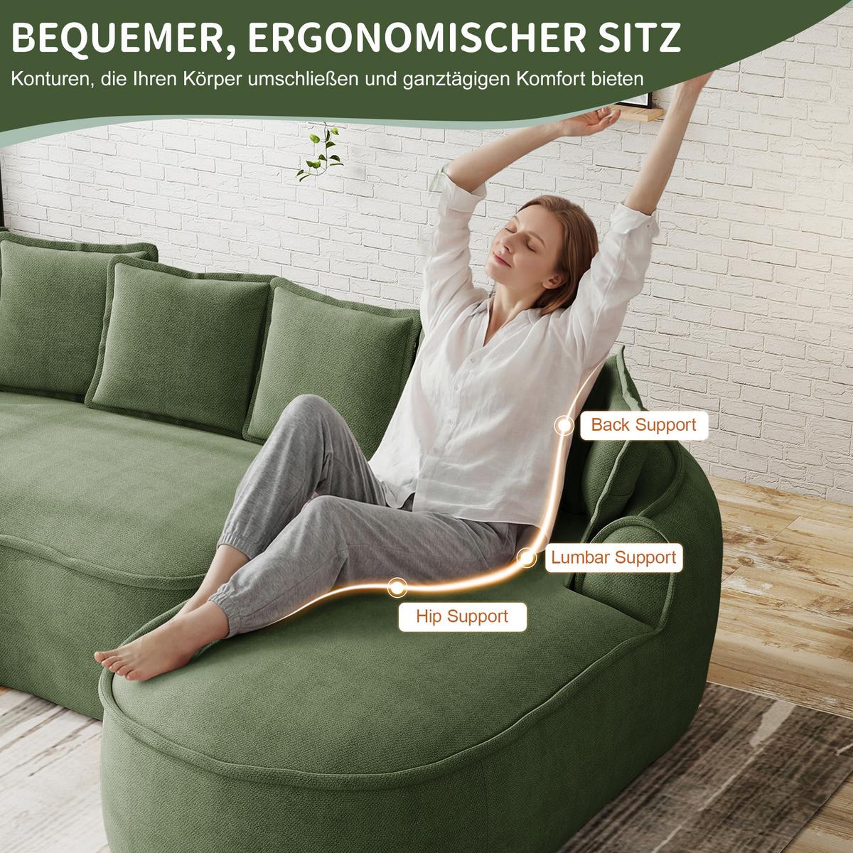 ECKSOFA chenille mit extra tiefer chaiselongue & rahmenlosem design - Grün, Textil (252/164cm) - Urban Meuble