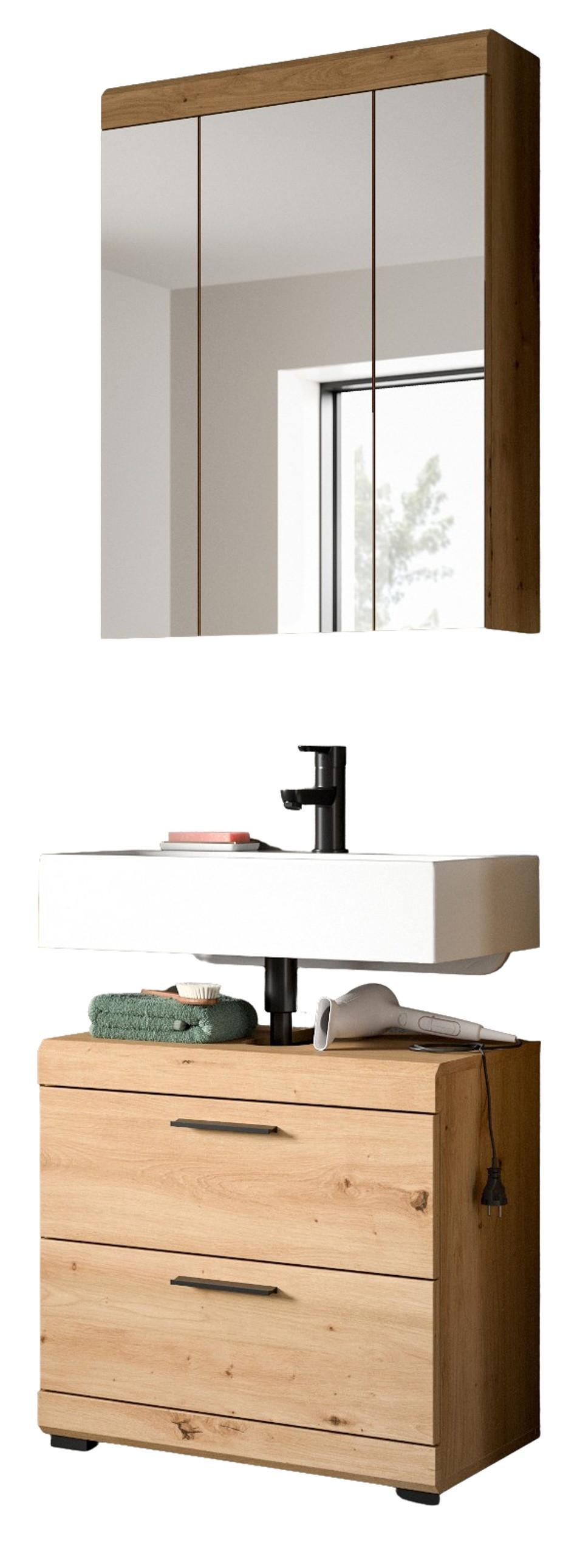 BADMÖBEL-SET Eiche Artisan 60 x 191 cm 2-teilig, Badkombination modernes Design - Schwarz/Eiche Artisan, Glas/Holzwerkstoff (60/191/34cm) - Inn.Furn