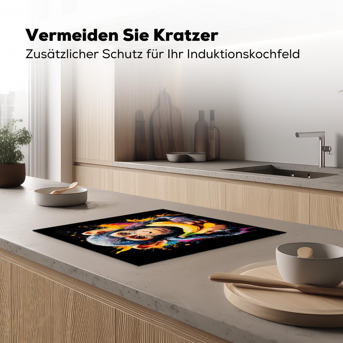HERDABDECKPLATTE Affe - Graffiti - Farbenfroh - Bananen - Modern Ceranfeldabdeckung 59x52 cm - Gelb, Kunststoff (59/52/0.2cm) - MuchoWow
