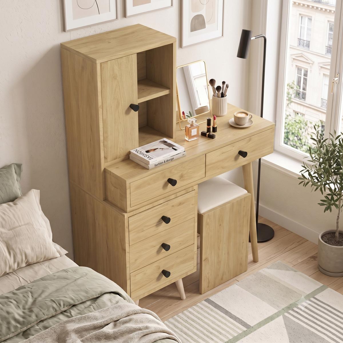 SCHMINKTISCH mit Hocker Naturholzoptik mit versenkbarem Spiegel, 5 Schubladen - Naturfarben, Holzwerkstoff (123/120/40cm) - Urban Meuble