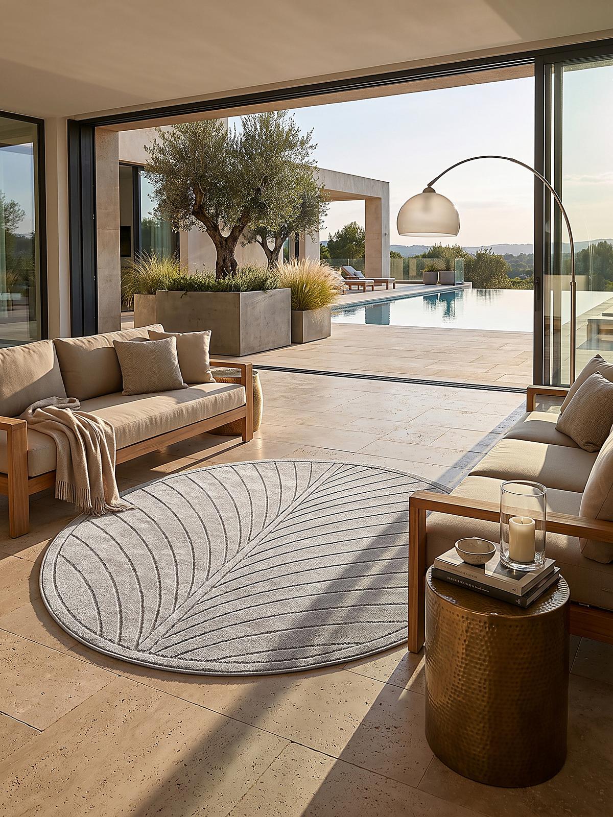 TEPPICH Outdoor, Fußbodenheizung-geeignet, mit Blattmotiv, aus Polypropylen, ENGADIN in Silbergrau, Ø 120 cm - Grau, Textil (120/120cm) - KADIMA DESIGN