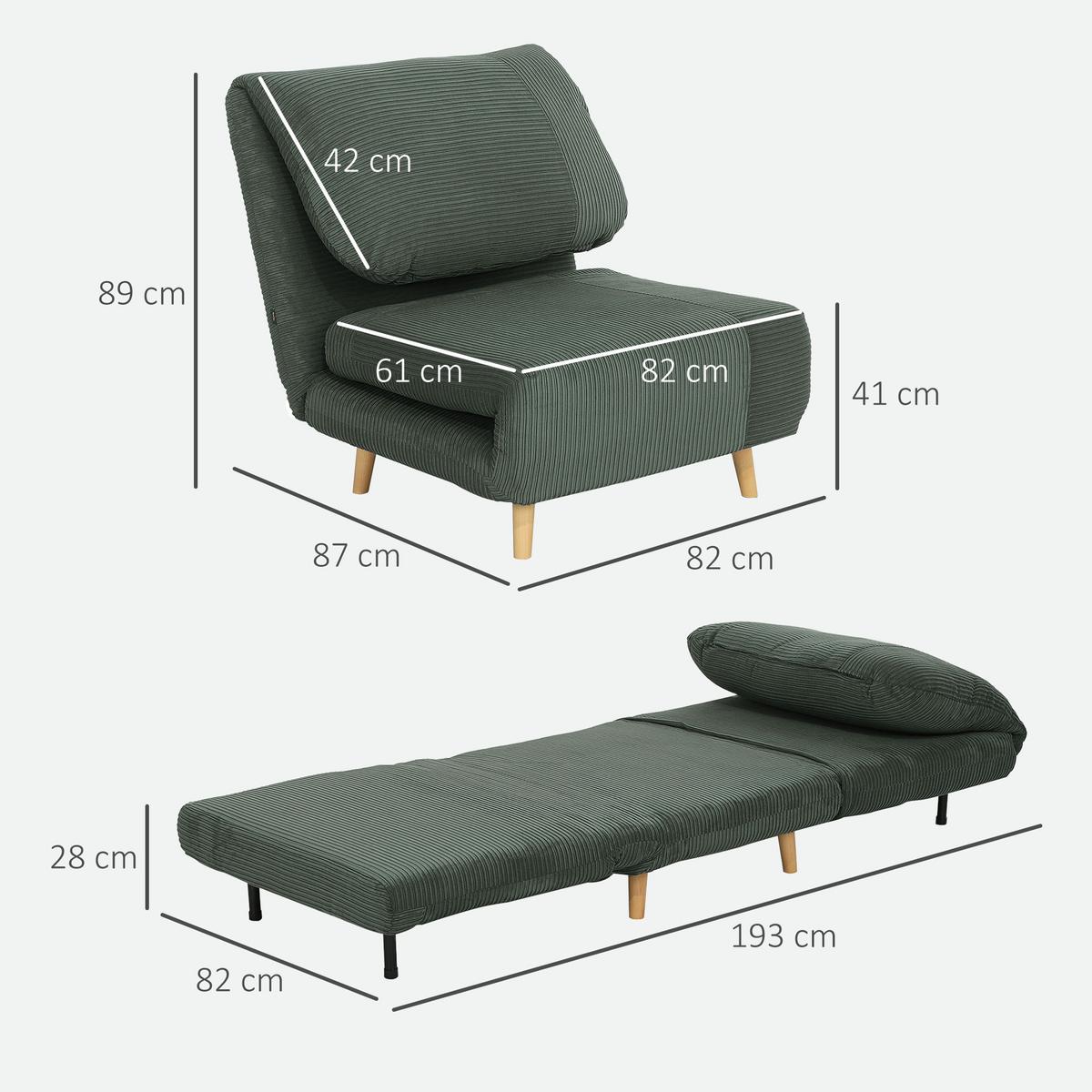 2-IN-1 Schlafsofa Schlafsessel Klappmatratze Gästebett Klappbett Grün - Naturfarben/Grün, Holz/Textil (87/89/82cm) - HOMCOM