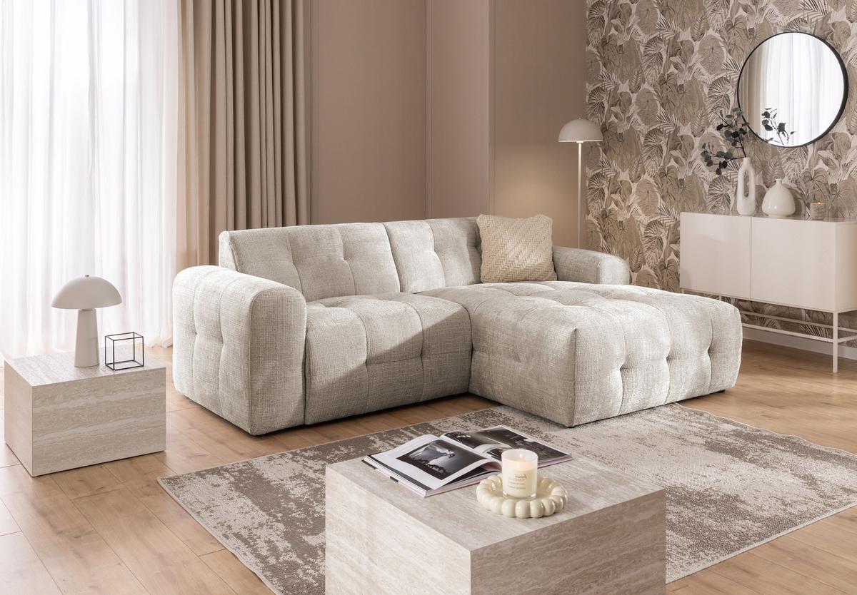 ECKSOFA mit Ottomane rechts, raffinierten Steppungen, Wellenunterfederung, B234/T161/H79 cm, Chenille-Bezug in Sandgrau / 21037 - Sandfarben/Greige, Kunststoff/Textil (234/79/161cm) - luma-home