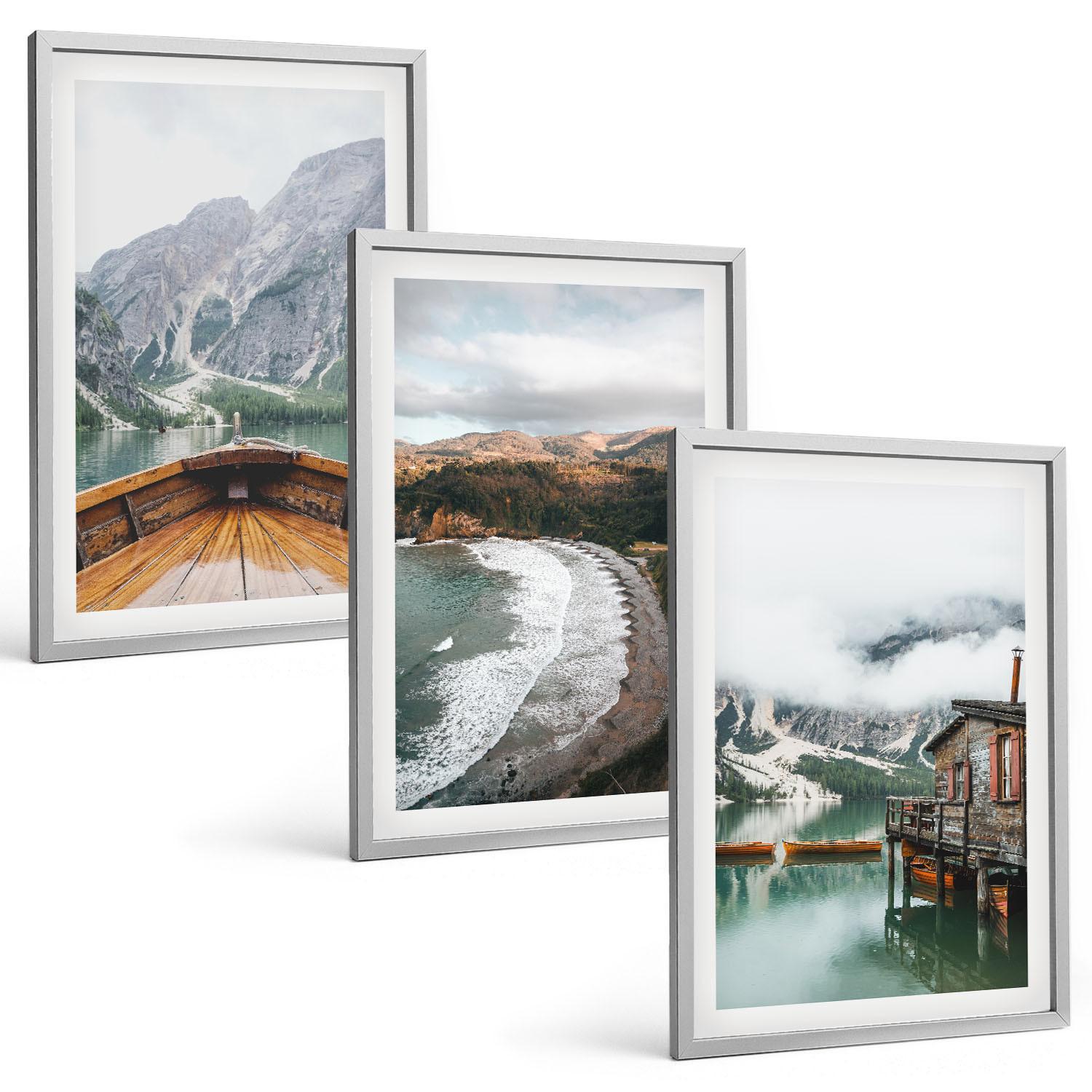 BILDER SET 3er Set - 40x60 cm Silberner Rahmen - Berge, See, Boot, Strand, Landschaft - Silberfarben, Kunststoff (40/60cm) - TULUP