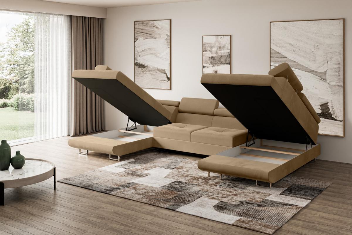 WOHNLANDSCHAFT mit Schlaffunktion und Bettkasten GUSA-U 342x202x107 cm Beige Velours - Beige/Silberfarben, Holzwerkstoff/Textil (342/107/202cm) - ALTDECOR