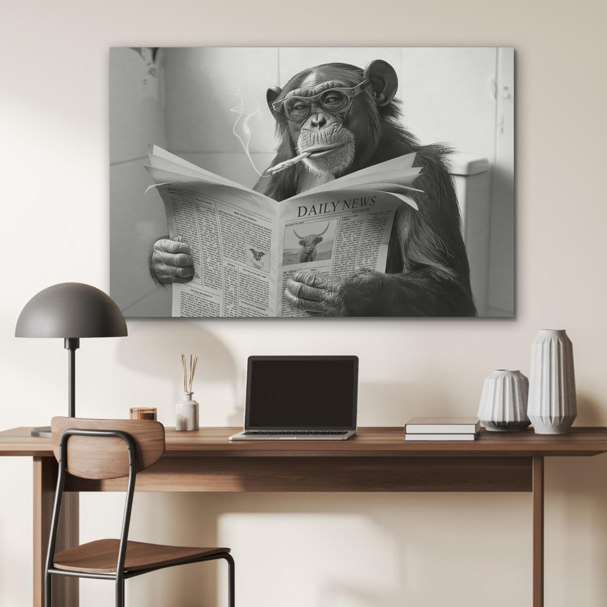 AKUSTIKBILD Affe - WC - Zeitung - Schwarz-Weiß - Humor Wandbild Wohnzimmer 100x70 cm - Hellgrau, Kunststoff (100/70/0.9cm) - MuchoWow