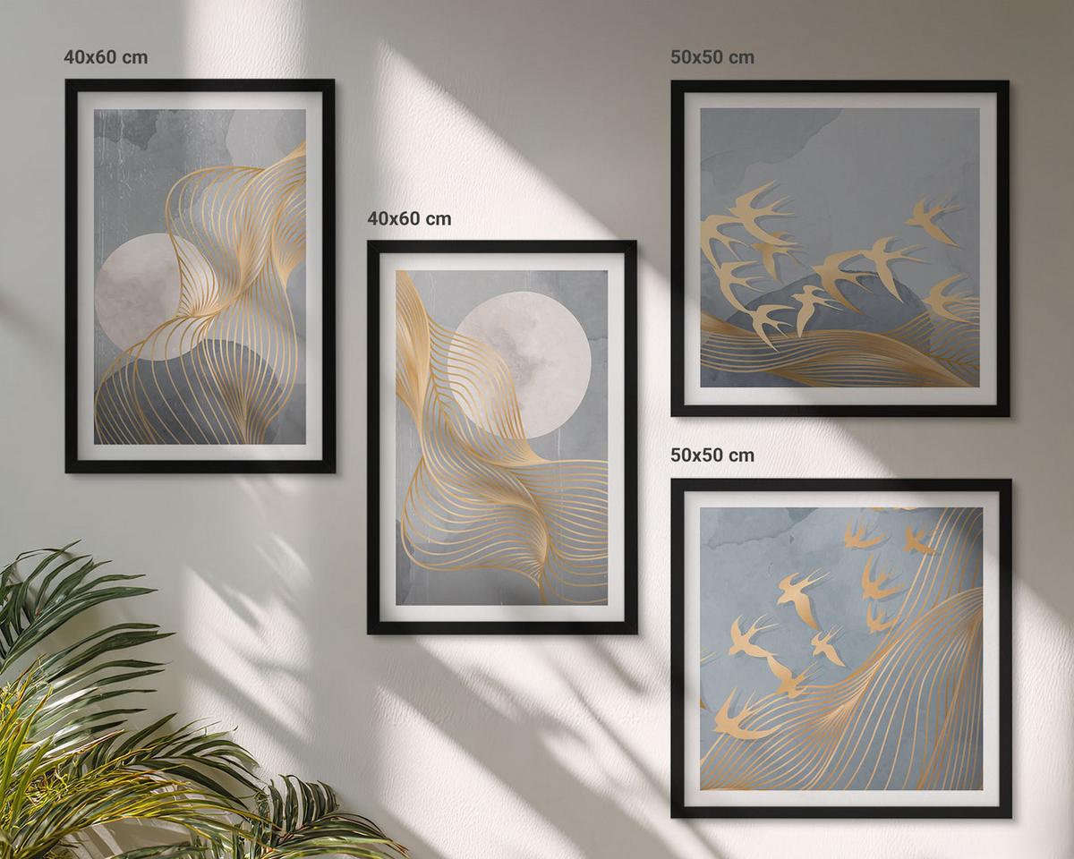 BILDER SET 4er Set - 50x50 cm & 40x60 cm Schwarzer Rahmen - Abstrakte Wellenkreise, grau - Schwarz, Kunststoff (50/50cm) - TULUP