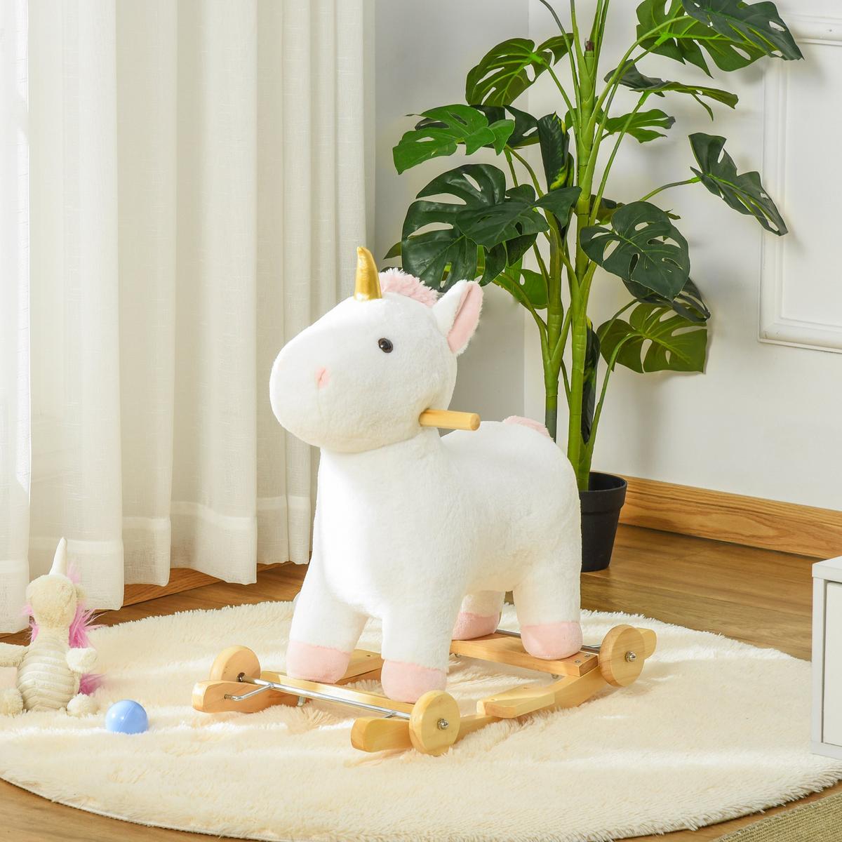 SCHAUKELPFERD 2-IN-1 Schaukeltier Babyschaukel Spielzeug Kinder Einhorn-Design - Weiß, Holz (38/63/63cm) - HOMCOM