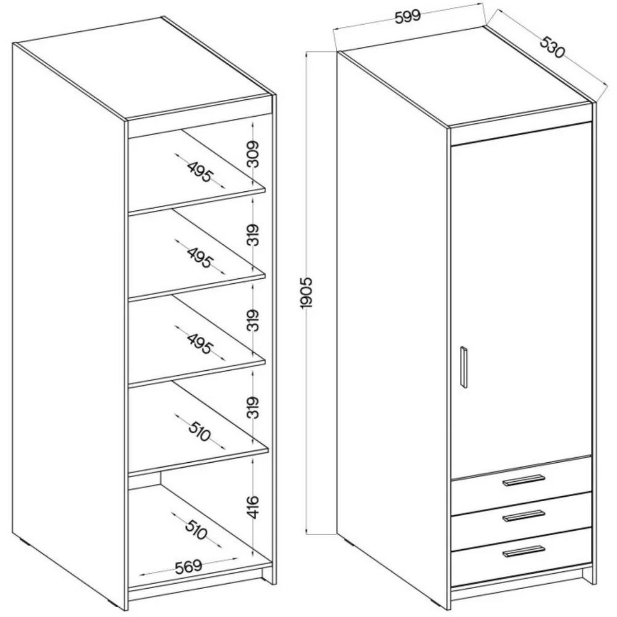 DREHTÜRENSCHRANK Elena mit 1 Tür und 3 Schubladen, Eiche Geölt - Eichefarben, Holzwerkstoff (60/190/53cm) - Beautysofa