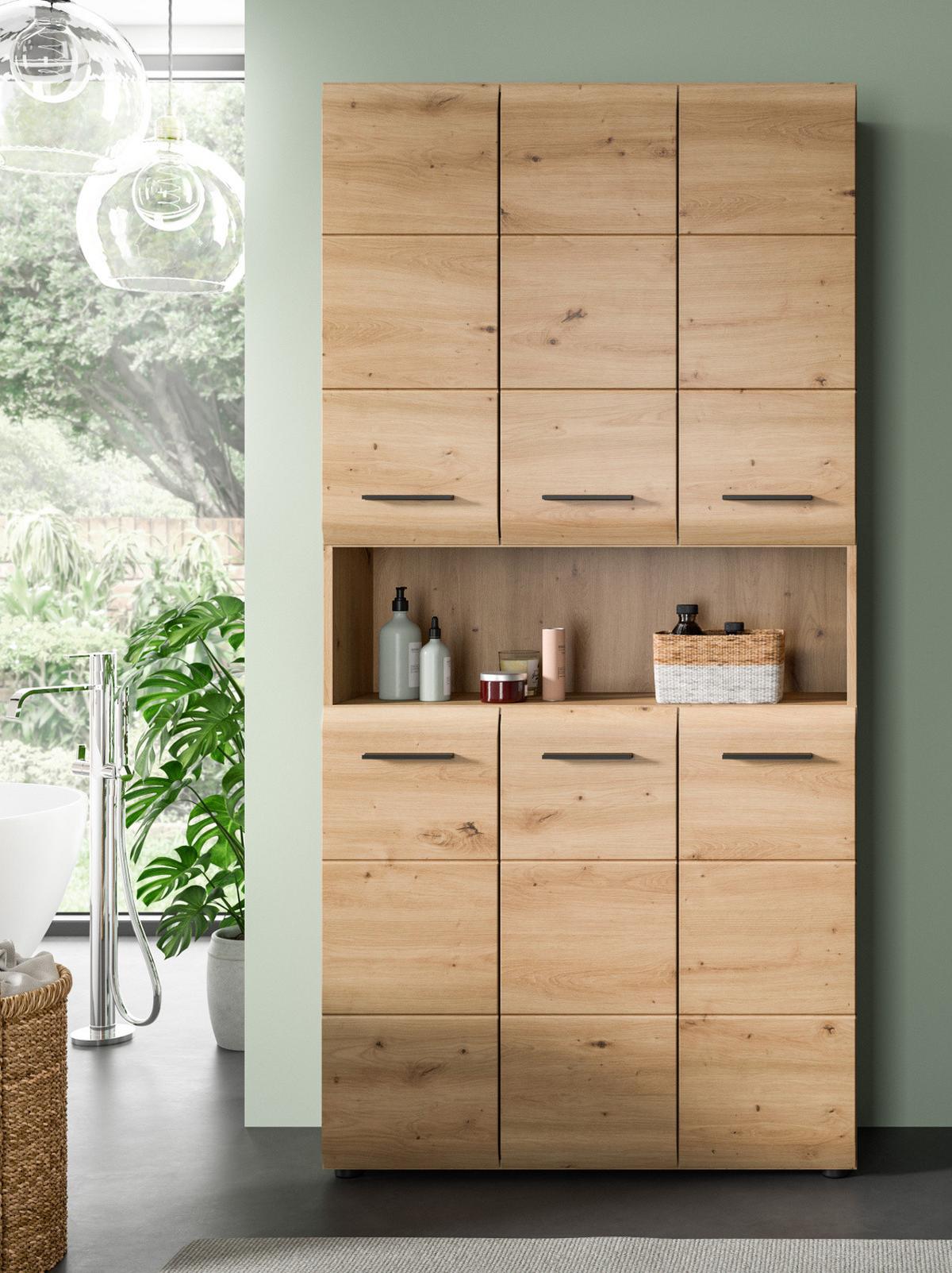 HOCHSCHRANK Eiche Artisan, Badschrank Mehrzweckschrank 6-türig 90 x 185 cm - Schwarz/Eiche Artisan, Holzwerkstoff/Kunststoff (90/185/30cm) - Inn.Furn