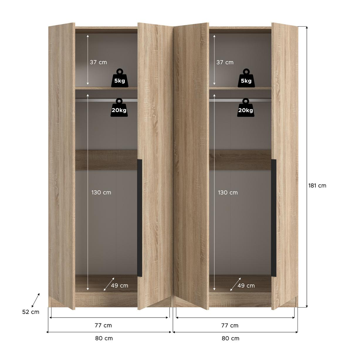 KLEIDERSCHRANK Eiche Sonoma 4-türig 160 x 181 cm, Drehtürenschrank mit Kleiderstange - Eichefarben/Schwarz, Holzwerkstoff/Kunststoff (160/181/52cm) - Inn.Furn