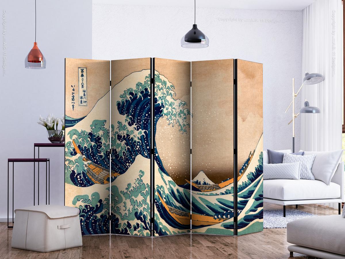 PARAVENT Akustik 5-tlg 225x172 cm Meereswellen im Japanischen - Multicolor, Holz/Textil (225/172/3cm) - Muralo