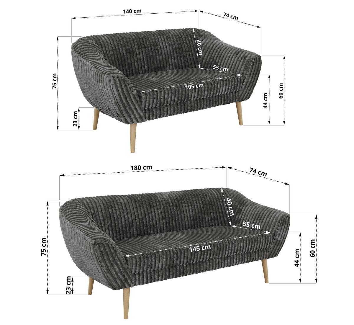 SITZGARNITUR PIRS 3+2 - Grau Cord - Holzbeine - Buchefarben/Grau, Holzwerkstoff/Textil (180/75/74cm) - MKS