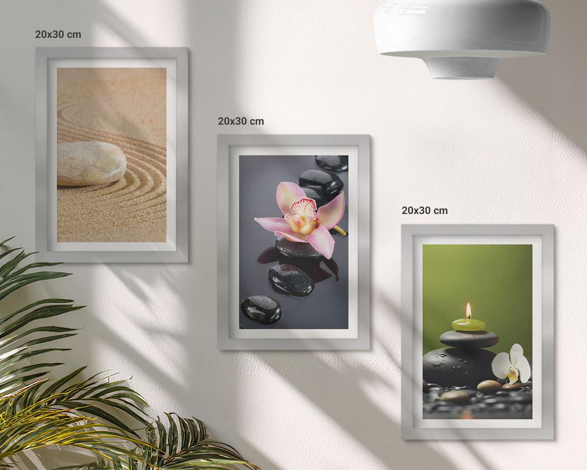 BILDER SET 3er Set - 20x30 cm Silberner Rahmen - Entspannende Zen-Steinmotive - Silberfarben, Kunststoff (20/30cm) - TULUP