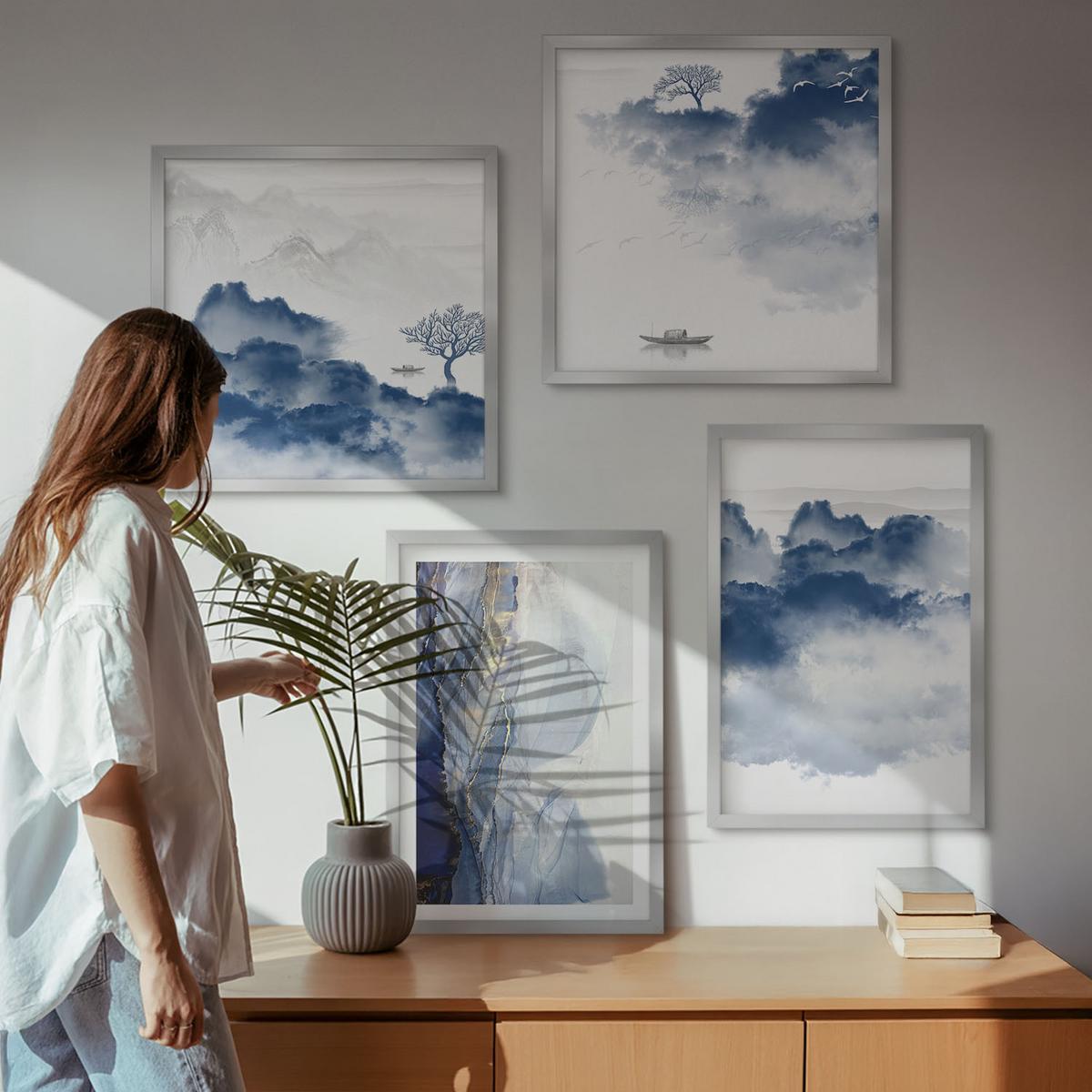 BILDER SET 4er Set - 50x50 cm & 40x60 cm Silberner Rahmen - Berge, Wolken, Bäume, Vögel im Hintergrund - Silberfarben, Kunststoff (50/50cm) - TULUP