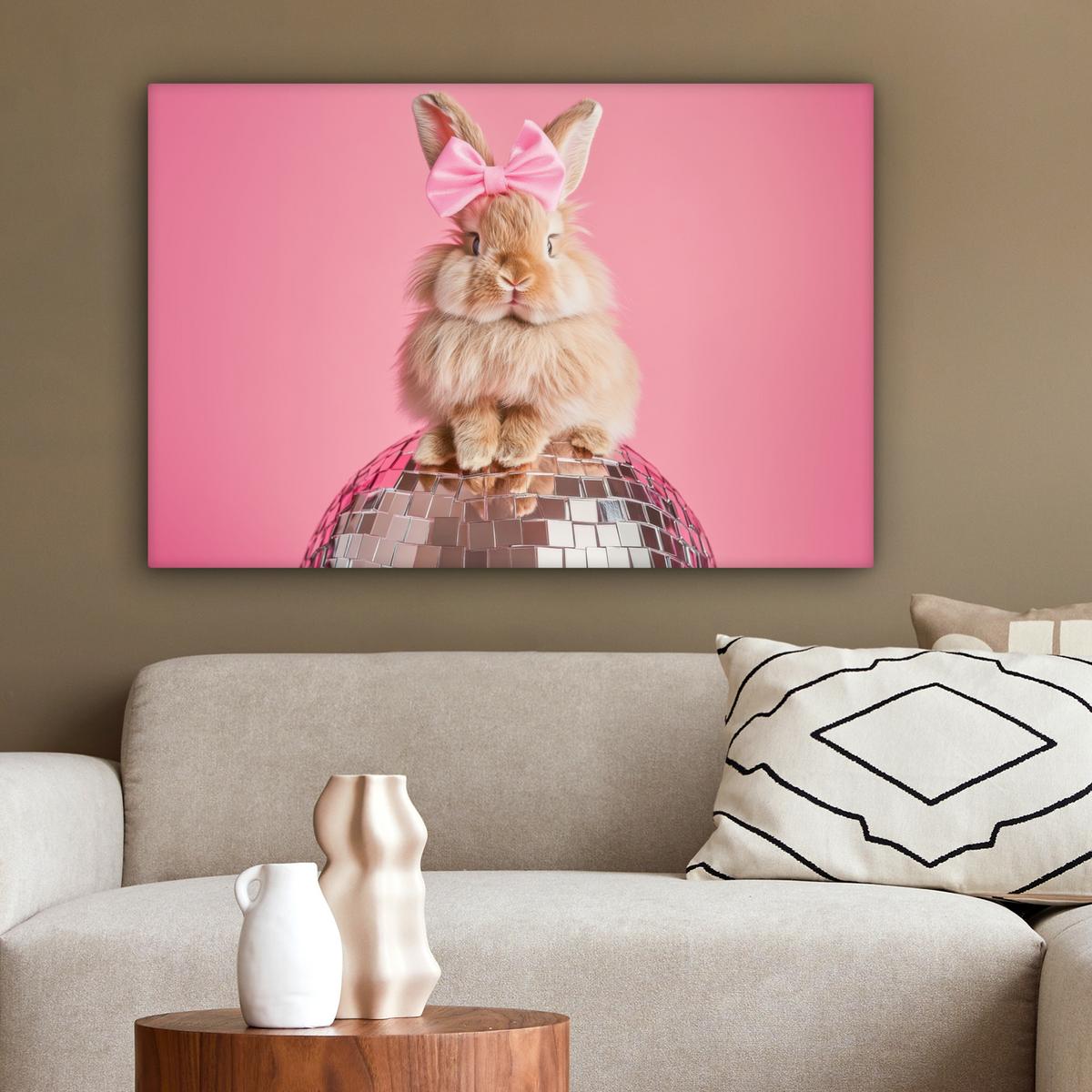 LEINWANDBILD Schleife - Discoball - Kaninchen Wanddeko 90x60 cm - Pink, Textil (90/60cm) - MuchoWow