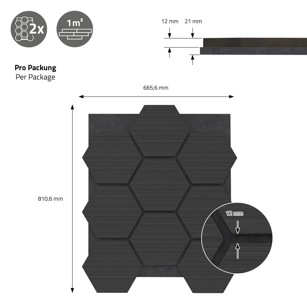 AKUSTIKPANEEL 2er Set Schallschutzplatten Hexagon Schwarz Holzoptik 66x81x2 cm aus Filz - Schwarz, Holzwerkstoff (2.1/81.1/66.6cm) - ML-DESIGN
