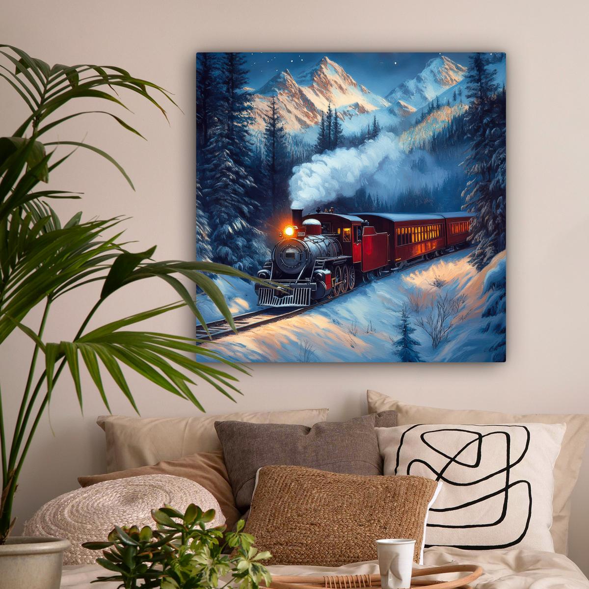 LEINWANDBILD Zug - Weihnachten - Schnee - Weihnachtszug Deko Groß 90x90 cm - Anthrazit, Textil (90/90cm) - MuchoWow