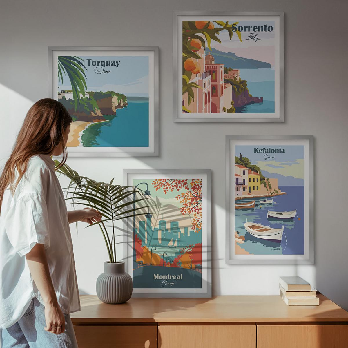 BILDER SET 4er Set - 50x50 cm & 40x60 cm Silberner Rahmen - Retro-Ansichten von Städten auf der ganzen Welt - Silberfarben, Kunststoff (50/50cm) - TULUP