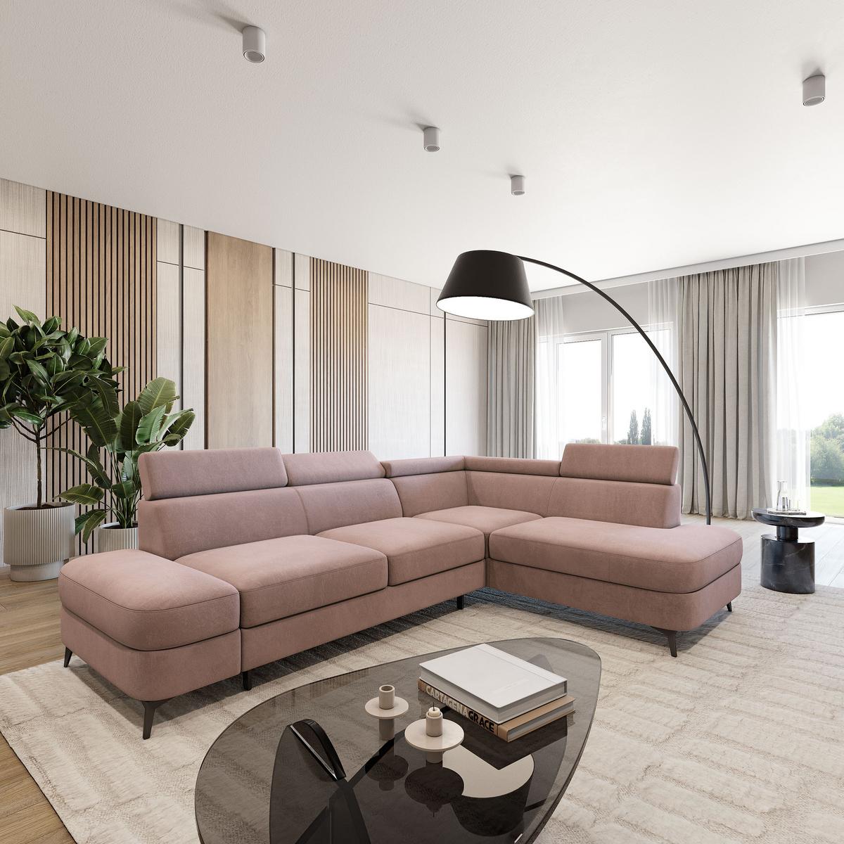 ECKSOFA AVISE MV R-S Rosa Velours-Stoff mit Schlaffunktion - Rosa, Holzwerkstoff/Textil (268/195cm) - MASSENO