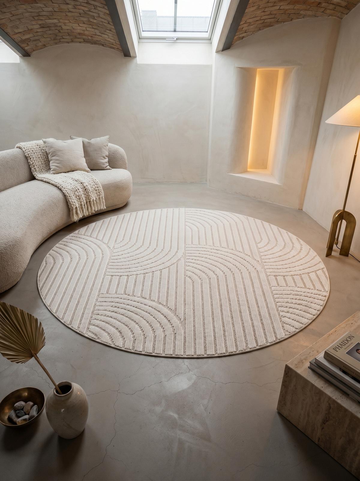 TEPPICH Flachgewebe LANGAU in Creme, mit geometrischen Bögen, Ø 80 cm - Beige, Textil (80/80cm) - KADIMA DESIGN