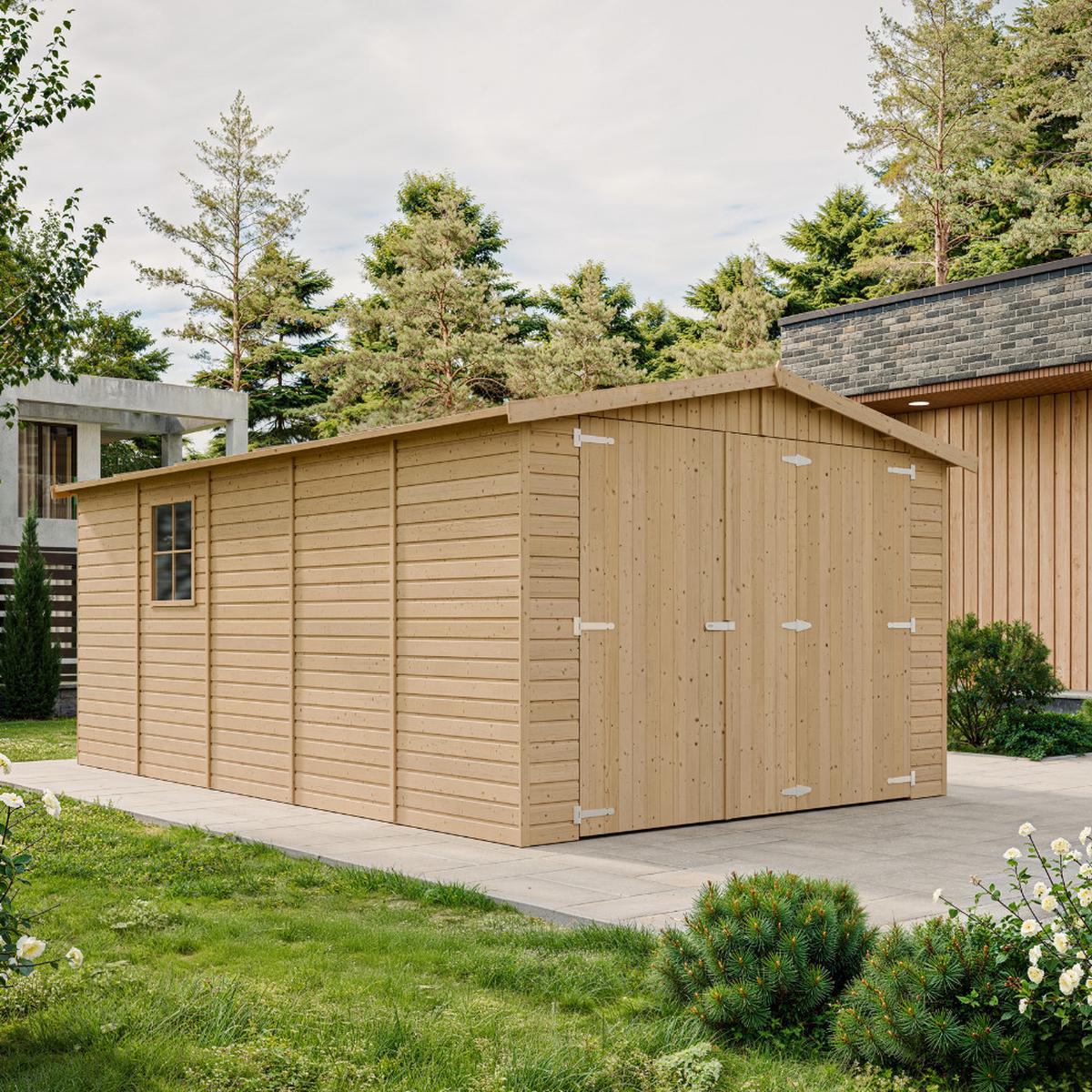 HOLZGARAGE - Abstellraum mit Fenstern - H222x516x324 cm/15 m² - M101 - Naturfarben, Holz (303/183/493cm) - Timbela