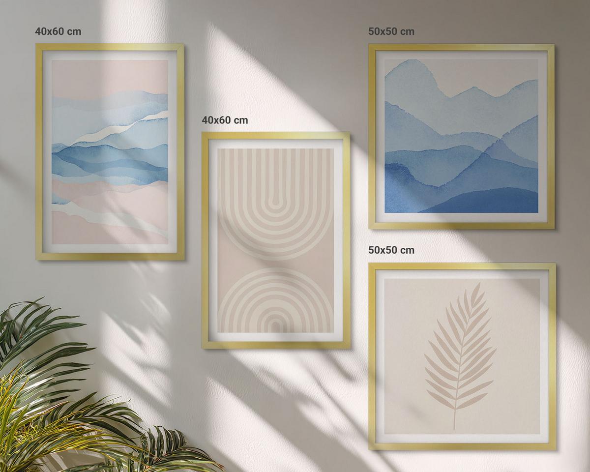 BILDER SET 4er Set - 50x50 cm & 40x60 cm Goldrahmen - Blätterwellen beige blau - Goldfarben, Kunststoff (50/50cm) - TULUP