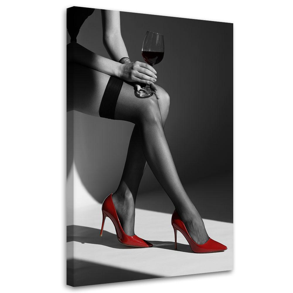 LEINWANDBILD Elegante Frau mit Weinglas in High Heels 70x100cm - Schwarz, Textil (70/100cm) - Feeby