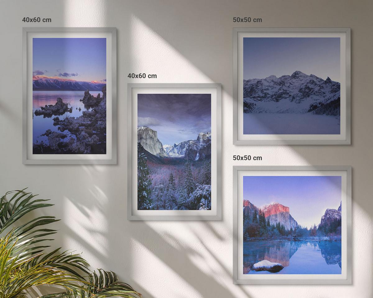 BILDER SET 4er Set - 50x50 cm & 40x60 cm Silberner Rahmen - Berglandschaften, Sonnenuntergang, Wasser - Silberfarben, Kunststoff (50/50cm) - TULUP
