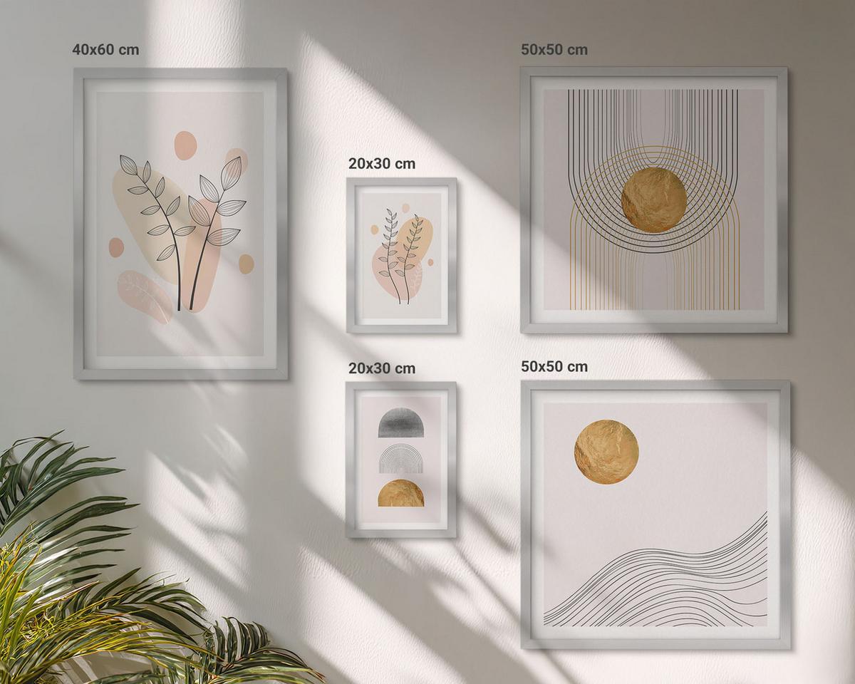 BILDER SET 5er Set - 50x50 cm & 20x30 cm & 40x60 cm Silberner Rahmen - Berge, Wasserfälle, Vögel, Blumen - Silberfarben, Kunststoff (40/60cm) - TULUP