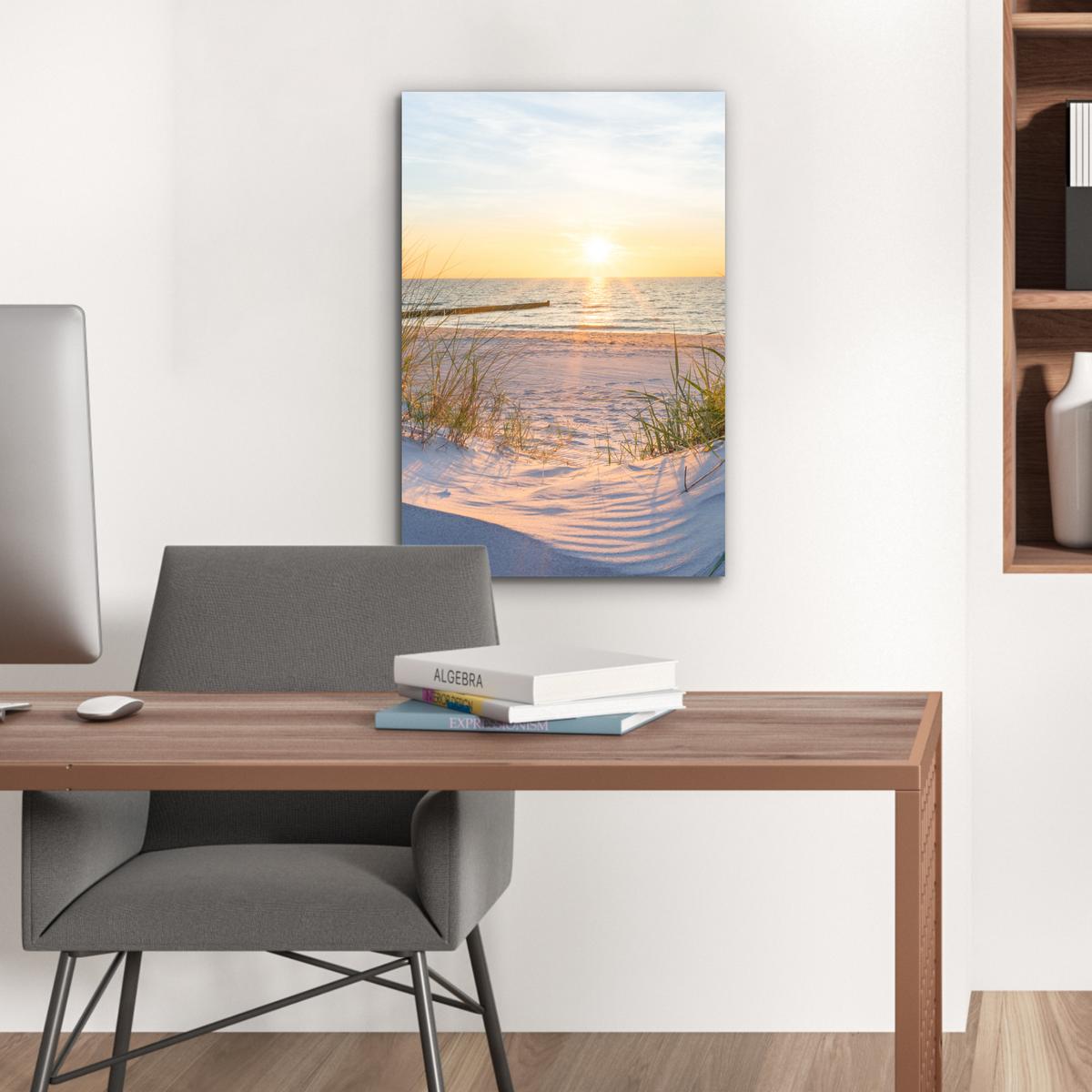 METALLBILD Strand - Sonne - Düne - Gras - Sand - Horizont Deko Schlafzimmer 40x60 cm - Hellblau, Metall (40/60cm) - MuchoWow