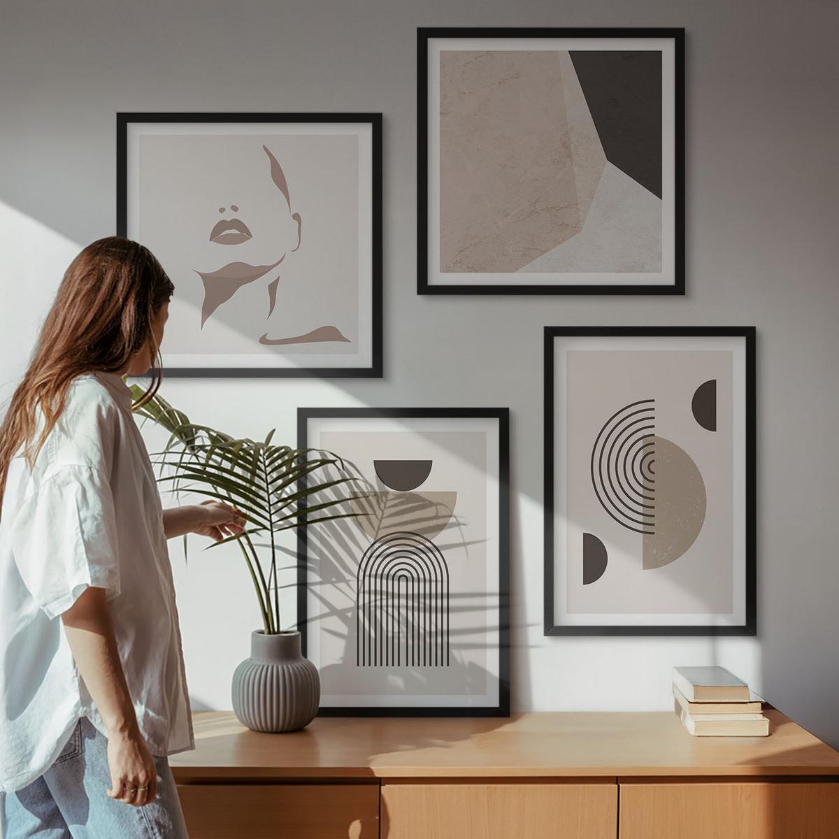 BILDER SET 4er Set - 50x50 cm & 40x60 cm Schwarzer Rahmen - Abstrakte Gesichtsformen - Schwarz, Kunststoff (50/50cm) - TULUP