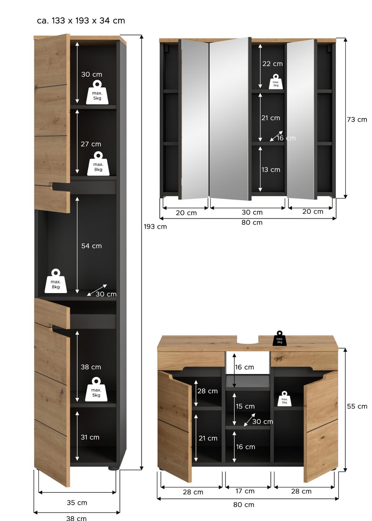 BADMÖBEL-SET Eiche, grau 3-teilig 133 cm, Komplettset mit Soft-Close - Schwarz/Eiche Artisan, Glas/Holzwerkstoff (133/193/34cm) - Inn.Furn