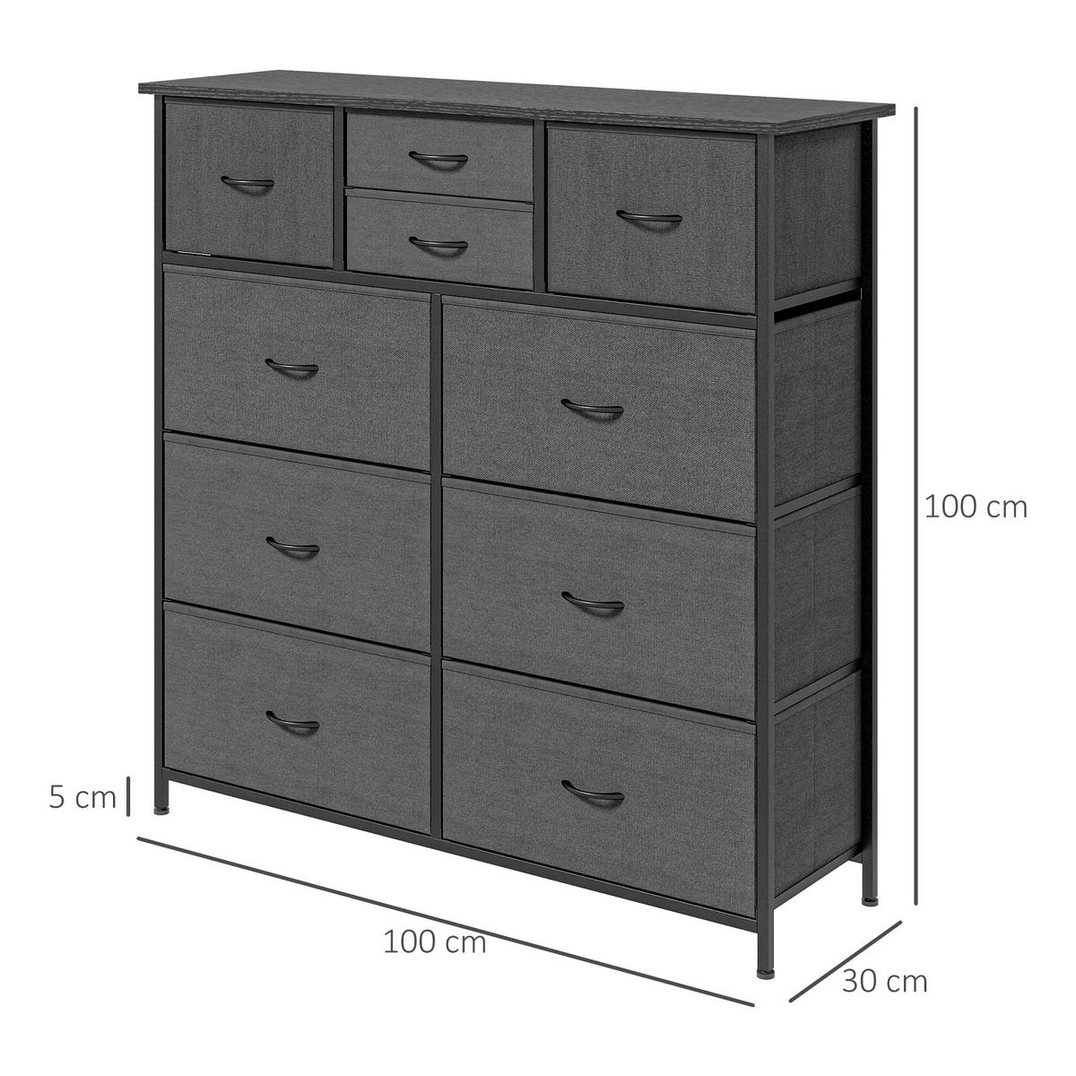 KOMMODE, Aufbewahrungsschrank mit 10 Faltbaren Stoffschubladen, Stahl, Schwarz - Schwarz, Textil (30/100/100cm) - HOMCOM