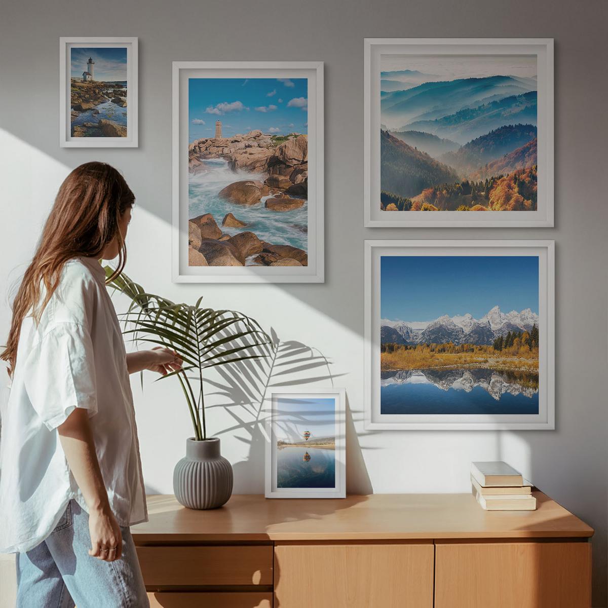 BILDER SET 5er Set - 50x50 cm & 20x30 cm & 40x60 cm Weißer Rahmen - Ausblicke auf die Natur, Leuchtturm, Berge - Weiß, Kunststoff (40/60cm) - TULUP