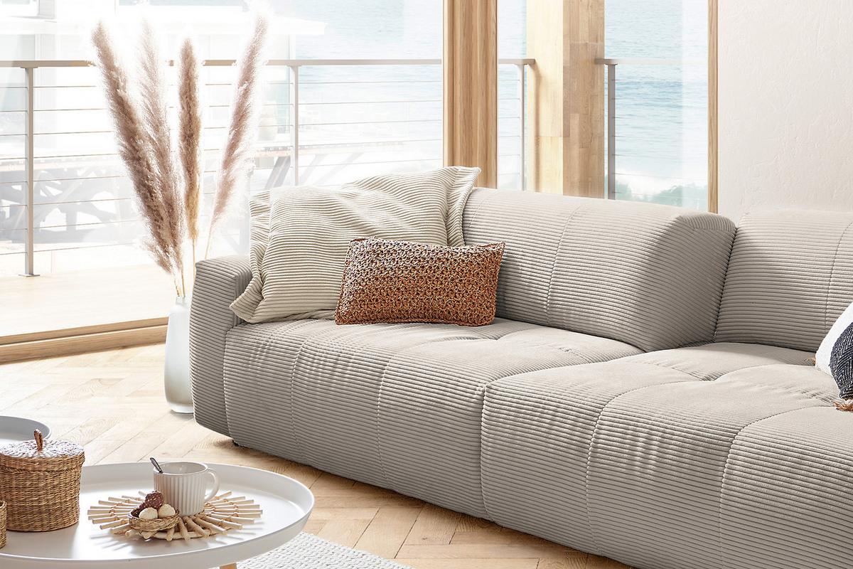 SOFA MIT SITZTIEFENVERSTELLUNG PALACE Steingrau Cord Relaxfunktion - Greige/Schwarz, Kunststoff/Textil (298/74/120cm) - KAWOLA