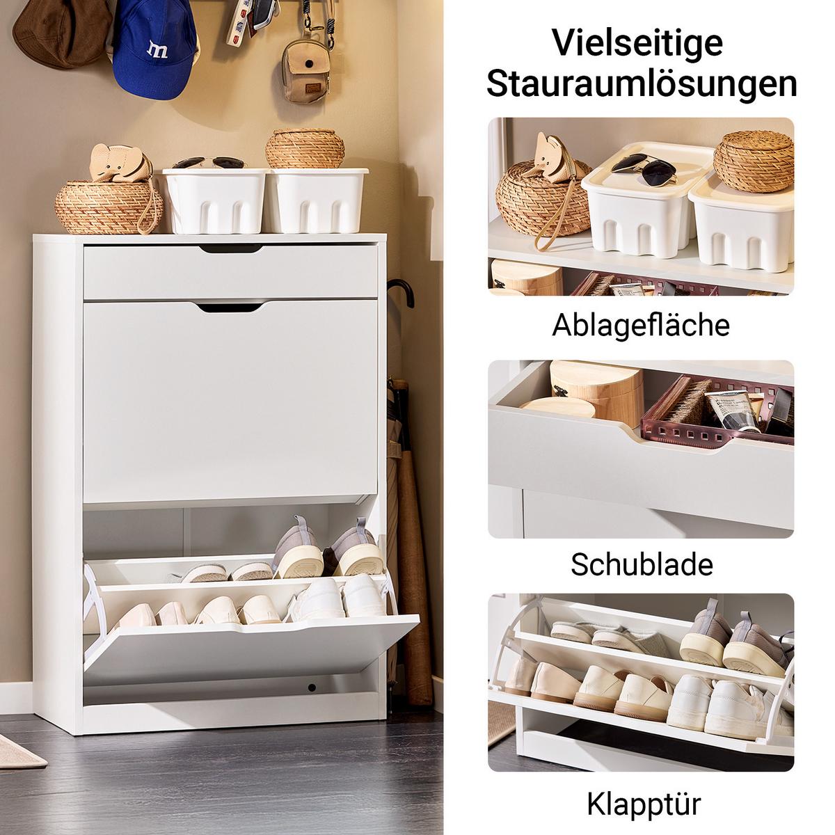 SCHUHSCHRANK mit 2 Klappen und 1 Schublade, Weiß 60x90x30cm - Weiß, Holzwerkstoff (60/90/30cm) - SoBuy