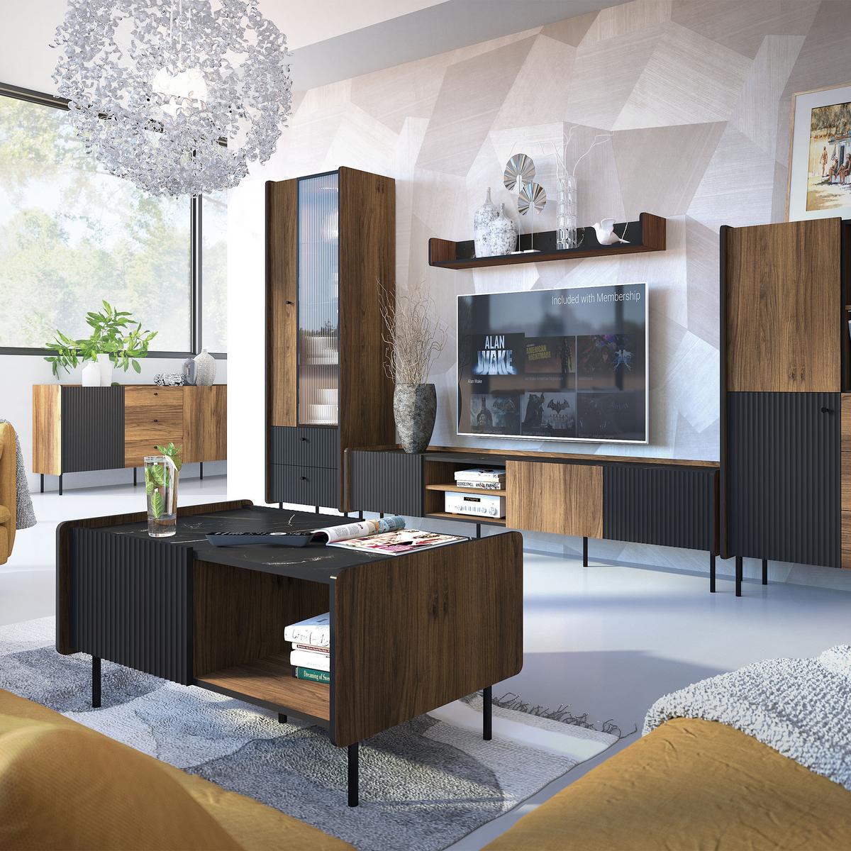 KOMMODE Piano mit 2 Türen und 3 Schubladen, Mattschwarz + Warmia-Nussbaum - Dunkelbraun/Schwarz, Holzwerkstoff (150/79/40cm) - Beautysofa