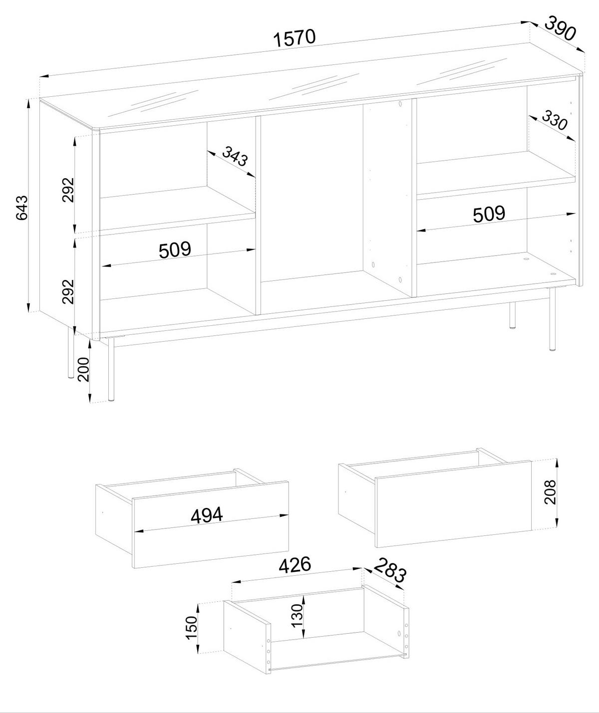 SIDEBOARD VELLUTO 157x39x84 cm mit 3 Schubladen und 2 Türen Eichefarben - Braun, Holzwerkstoff (157/84/39cm) - MASSENO