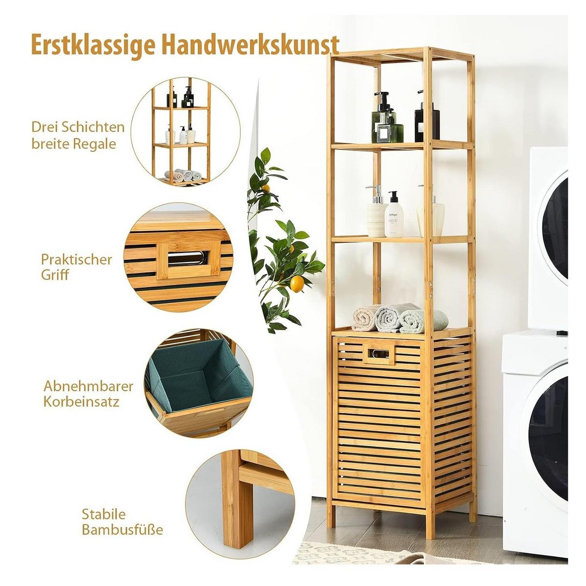 WÄSCHESCHRANK mit abnehmbarem Wäschesack & Griff natur - Naturfarben, Naturmaterialen (40/160/33cm) - COSTWAY