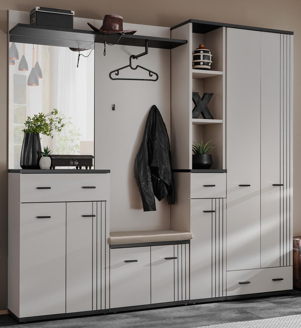 GARDEROBEN-SET Kaschmir, schwarz 6-teilig 210 cm, Flurgarderobe in modernem Desgin - Kaschmir/Schwarz, Glas/Holzwerkstoff (210/203/32cm) - Inn.Furn