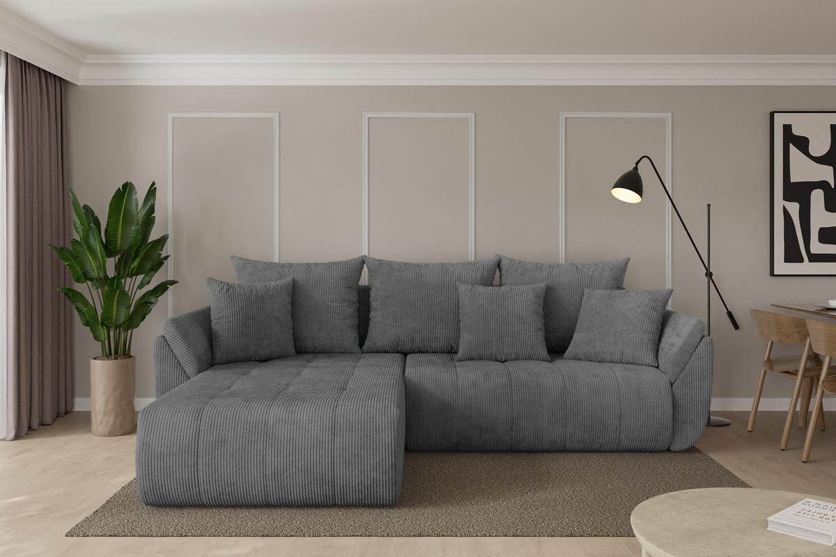 ECKSOFA mit Schlaffunktion Ottomane Links TOKO-L 277x194x86 Dunkelgrau Cord - Dunkelgrau/Schwarz, Holzwerkstoff/Kunststoff (277/194cm) - ALTDECOR