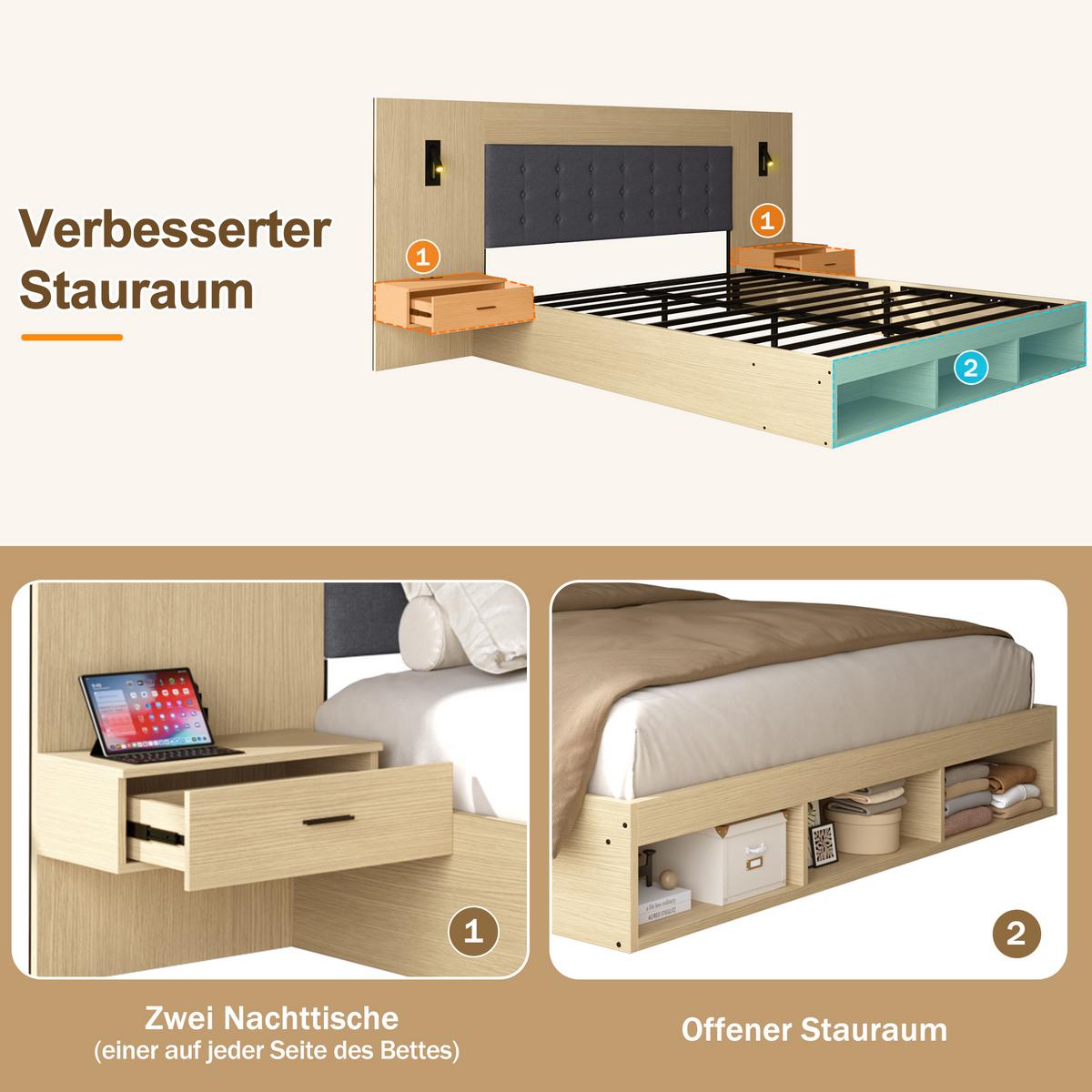 DOPPELBETT 180x200 Helle Eiche mit Stauraum, USB, Leselampe & 2 Nachttischen - Eichefarben, Holzwerkstoff (180/200cm) - Urban Meuble