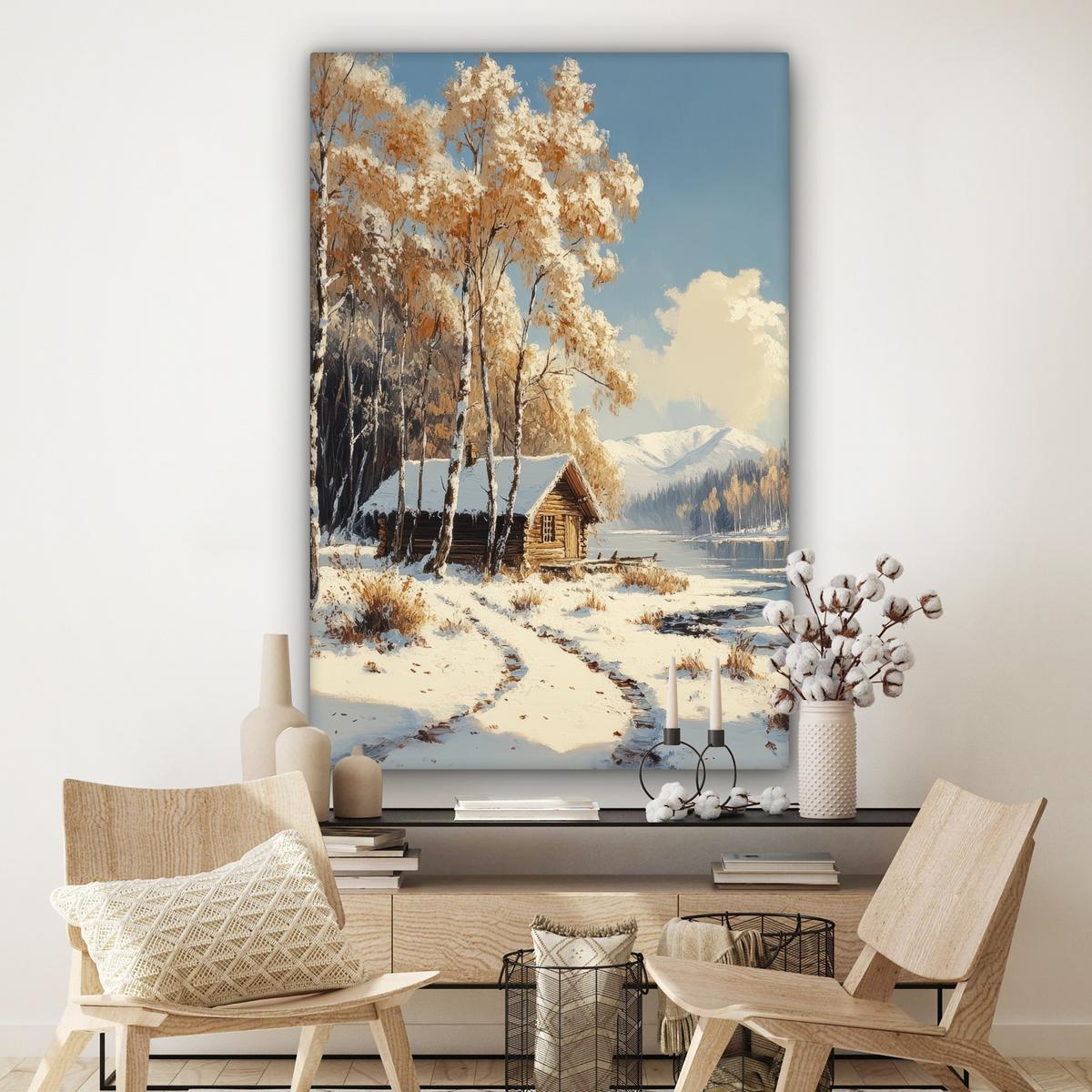 LEINWANDBILD Winter - Schnee - Zuhause - Natur Deko Groß 90x140 cm - Hellbraun, Textil (90/140cm) - MuchoWow