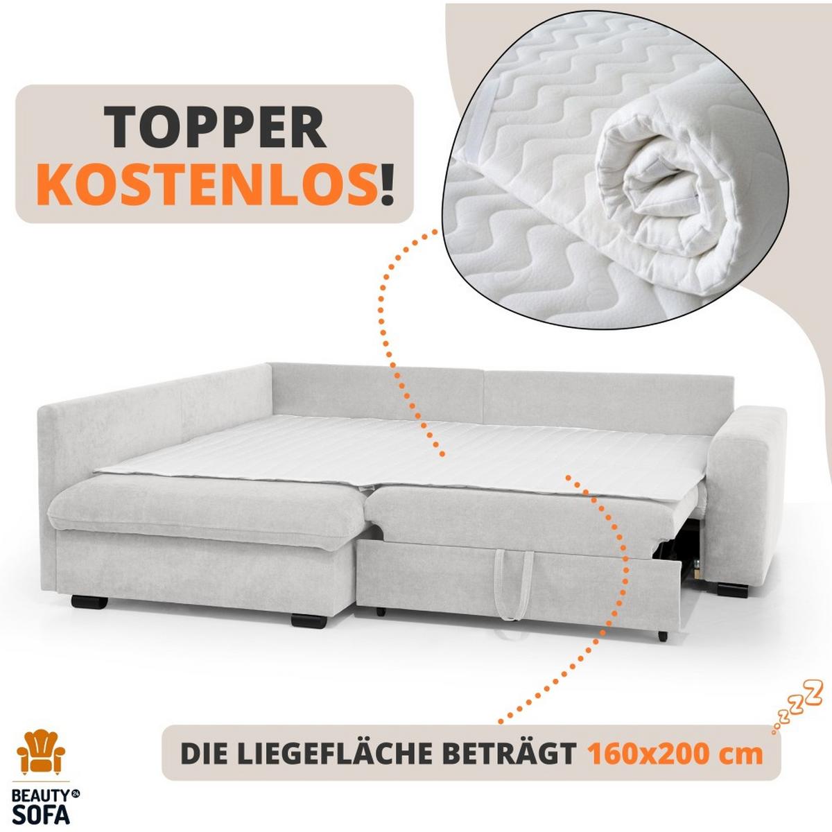 ECKSCHLAFSOFA Ramo mit Bettkasten, Topper gratis, Grau, rechts - Schwarz/Grau, Textil (229/190cm) - Beautysofa
