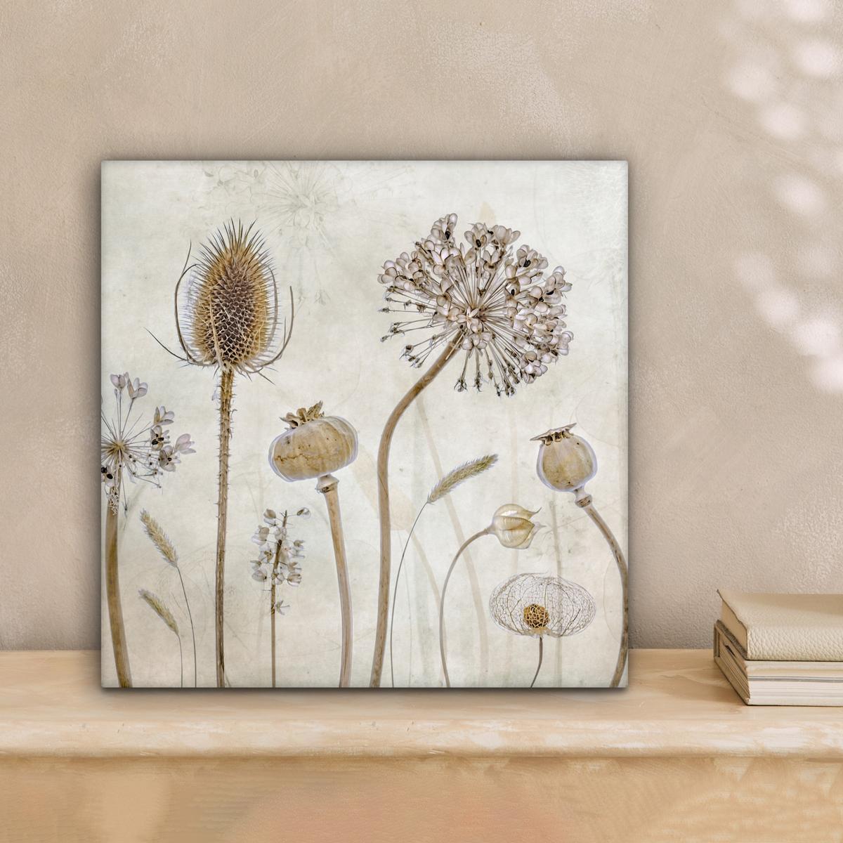 LEINWANDBILD Blumen - Aquarell - Stilleben - Braun - Vintage Deko Wohnzimmer 20x20 cm - Beige, Textil (20/20cm) - MuchoWow