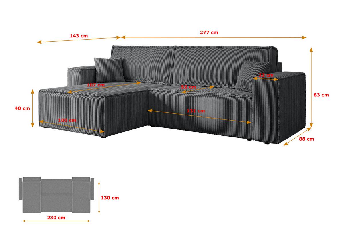 ECKSOFA mit Schlaffunktion und Bettkasten CELTIC-XL - 277x143x83 cm Dunkelgrau Cord - Dunkelgrau/Schwarz, Holzwerkstoff/Kunststoff (277/143cm) - ALTDECOR