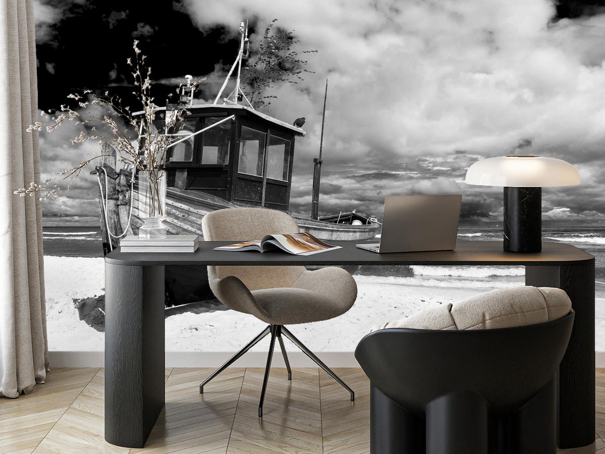 FOTOTAPETE für Wohnzimmer Schwarz-Weiß Boot Strand Meer 100x70 - Schwarz/Weiß, Papier (100/70cm) - Muralo