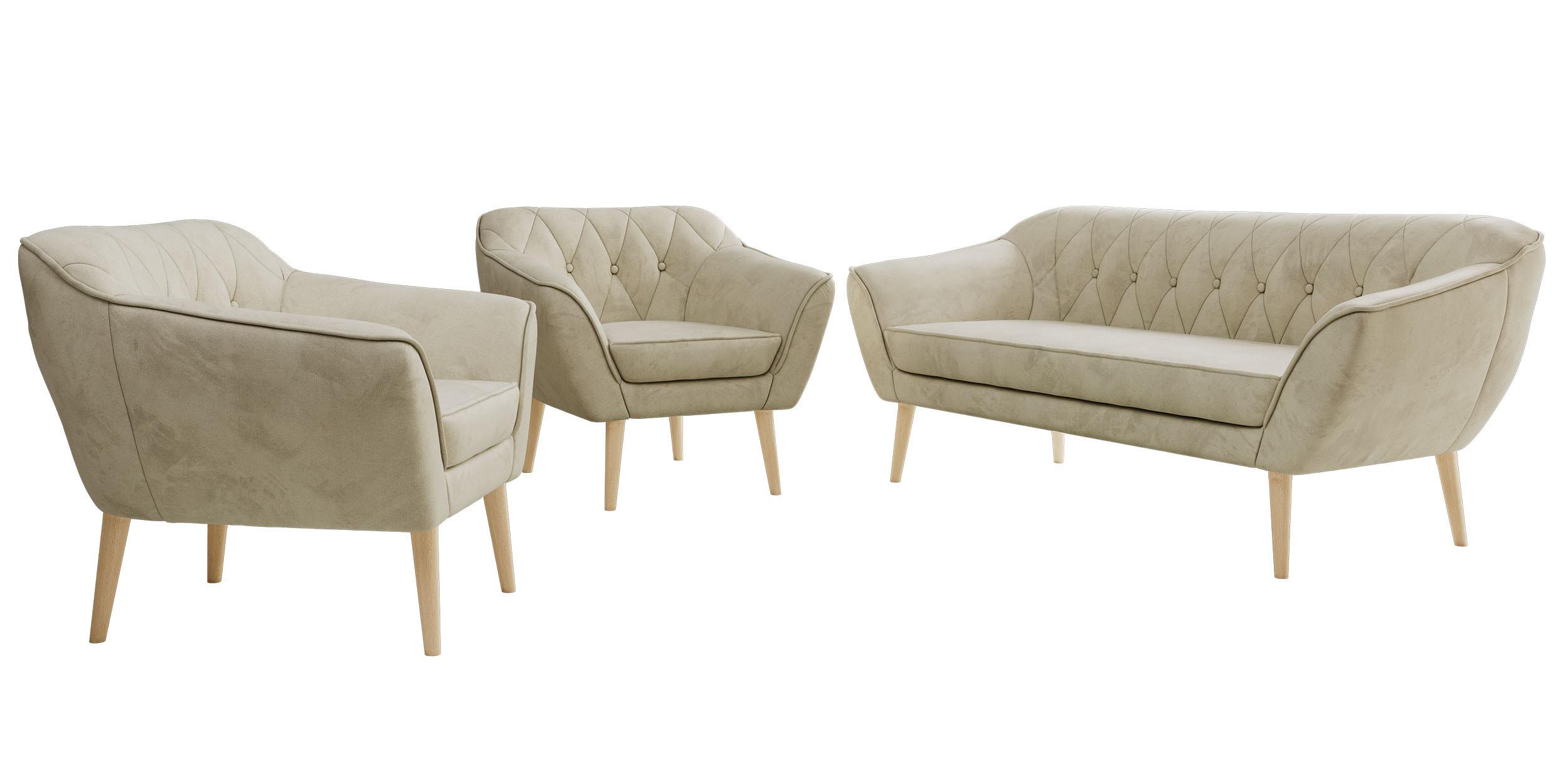 SITZGARNITUR PIRS 3+1+1 - Beige Velvet - Holzbeine - Beige/Buchefarben, Holzwerkstoff/Textil (180/75/74cm) - MKS
