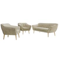 SITZGARNITUR PIRS 3+1+1 - Beige Velvet - Holzbeine - Beige/Buchefarben, Holzwerkstoff/Textil (180/75/74cm) - MKS